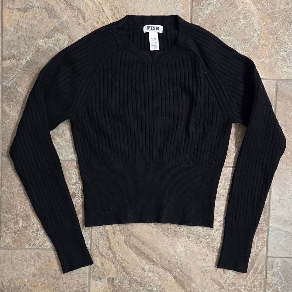 Victoria's Secret PINK Black‎ Ribbed Knit Cropped Sweater Small Raglan Sleeve